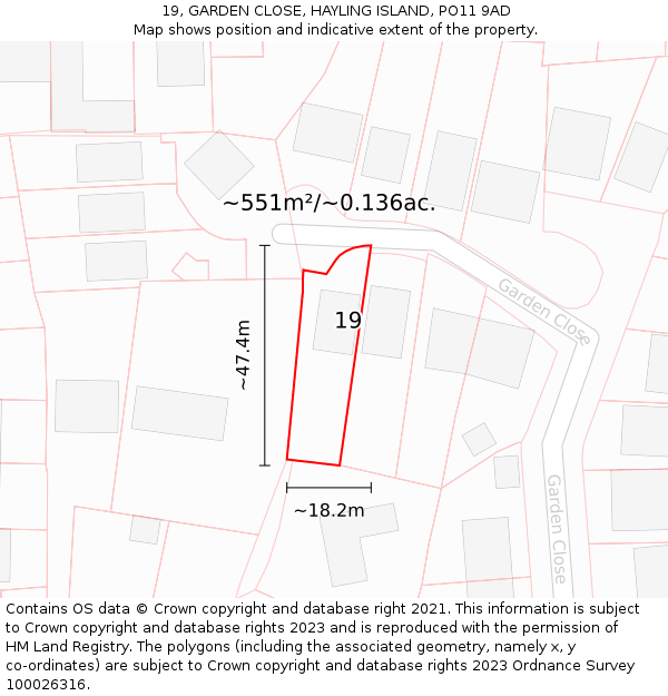 19, GARDEN CLOSE, HAYLING ISLAND, PO11 9AD: Plot and title map