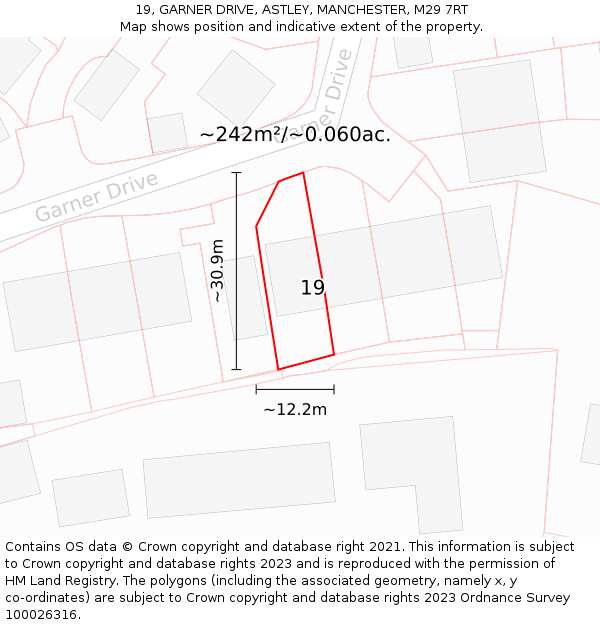 19, GARNER DRIVE, ASTLEY, MANCHESTER, M29 7RT: Plot and title map