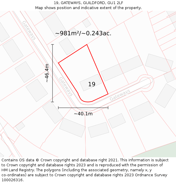 19, GATEWAYS, GUILDFORD, GU1 2LF: Plot and title map