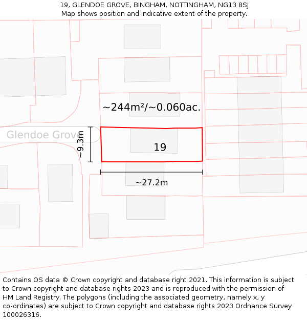 19, GLENDOE GROVE, BINGHAM, NOTTINGHAM, NG13 8SJ: Plot and title map