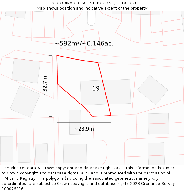 19, GODIVA CRESCENT, BOURNE, PE10 9QU: Plot and title map