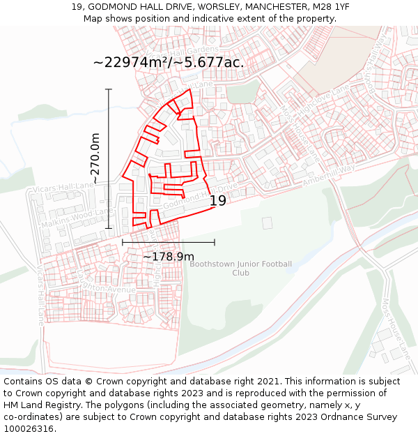 19, GODMOND HALL DRIVE, WORSLEY, MANCHESTER, M28 1YF: Plot and title map