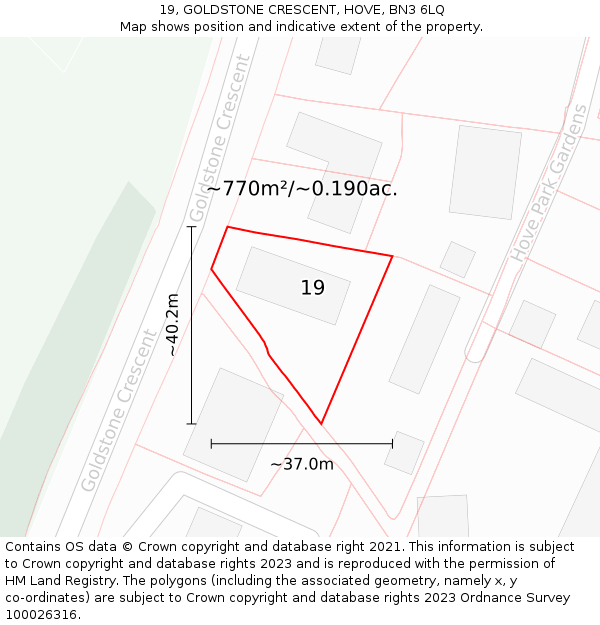 19, GOLDSTONE CRESCENT, HOVE, BN3 6LQ: Plot and title map