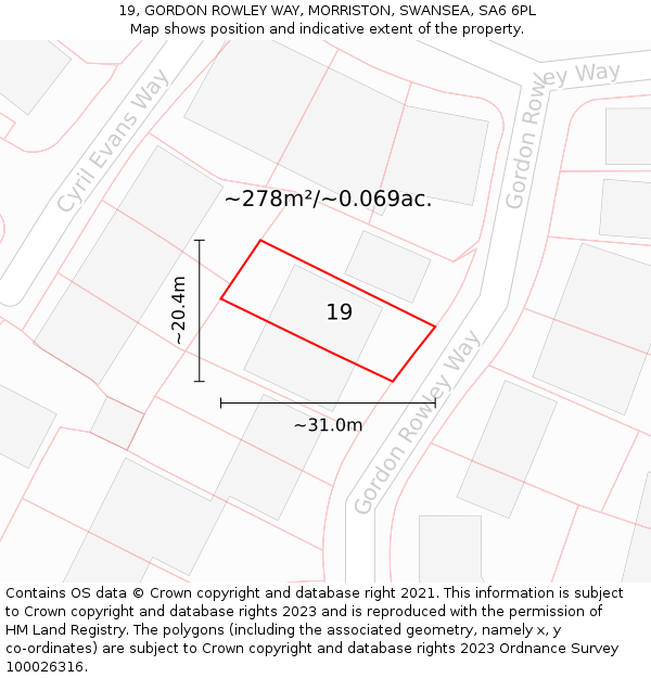 19, GORDON ROWLEY WAY, MORRISTON, SWANSEA, SA6 6PL: Plot and title map