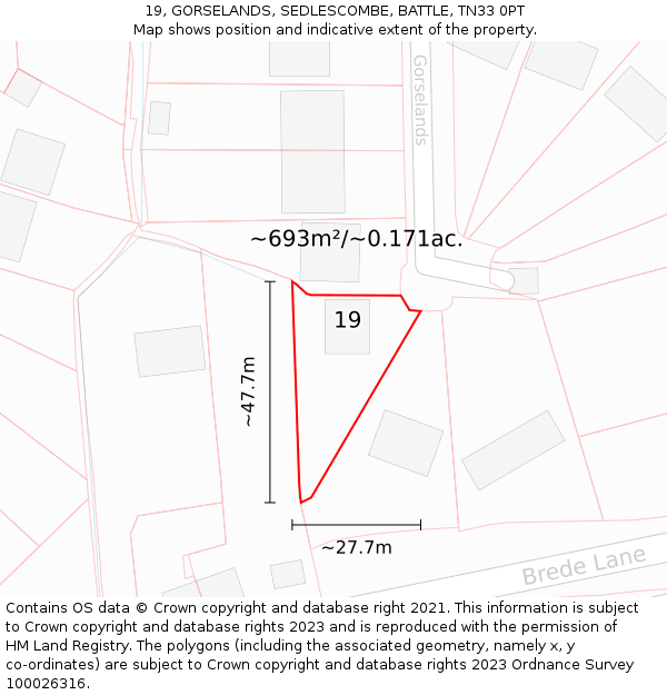 19, GORSELANDS, SEDLESCOMBE, BATTLE, TN33 0PT: Plot and title map