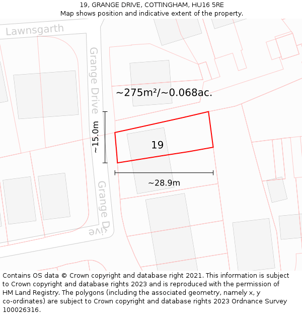 19, GRANGE DRIVE, COTTINGHAM, HU16 5RE: Plot and title map