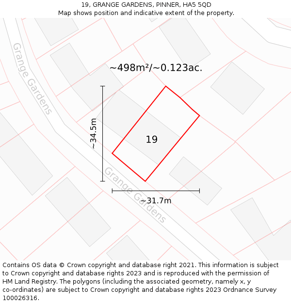 19, GRANGE GARDENS, PINNER, HA5 5QD: Plot and title map