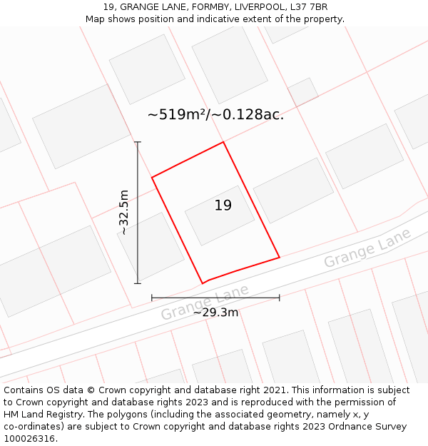 19, GRANGE LANE, FORMBY, LIVERPOOL, L37 7BR: Plot and title map