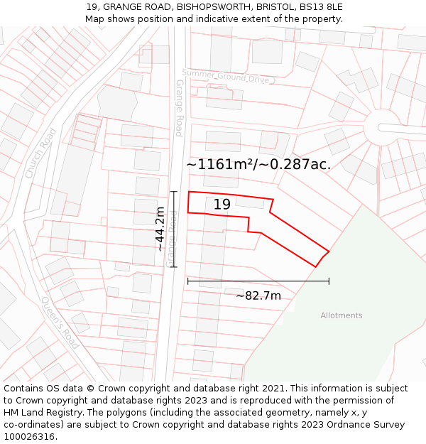 19, GRANGE ROAD, BISHOPSWORTH, BRISTOL, BS13 8LE: Plot and title map