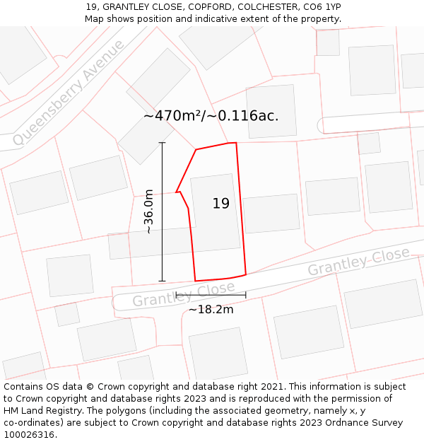 19, GRANTLEY CLOSE, COPFORD, COLCHESTER, CO6 1YP: Plot and title map