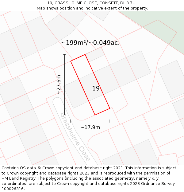 19, GRASSHOLME CLOSE, CONSETT, DH8 7UL: Plot and title map