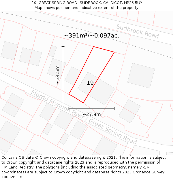 19, GREAT SPRING ROAD, SUDBROOK, CALDICOT, NP26 5UY: Plot and title map