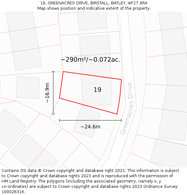 19, GREENACRES DRIVE, BIRSTALL, BATLEY, WF17 9RA: Plot and title map