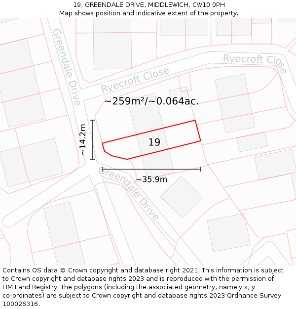 19, GREENDALE DRIVE, MIDDLEWICH, CW10 0PH: Plot and title map