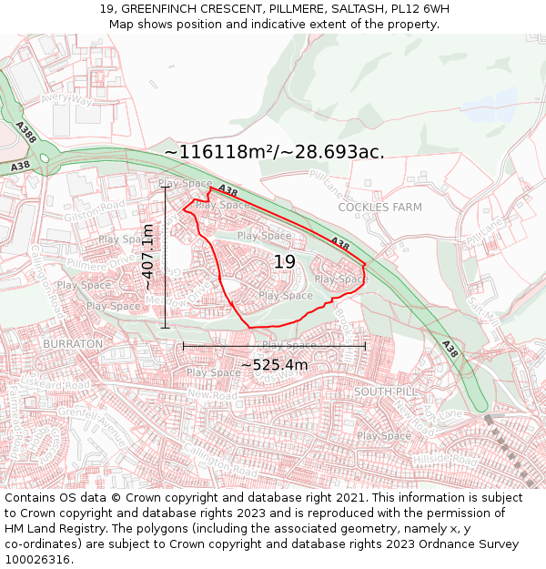 19, GREENFINCH CRESCENT, PILLMERE, SALTASH, PL12 6WH: Plot and title map