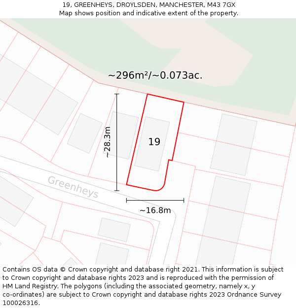 19, GREENHEYS, DROYLSDEN, MANCHESTER, M43 7GX: Plot and title map