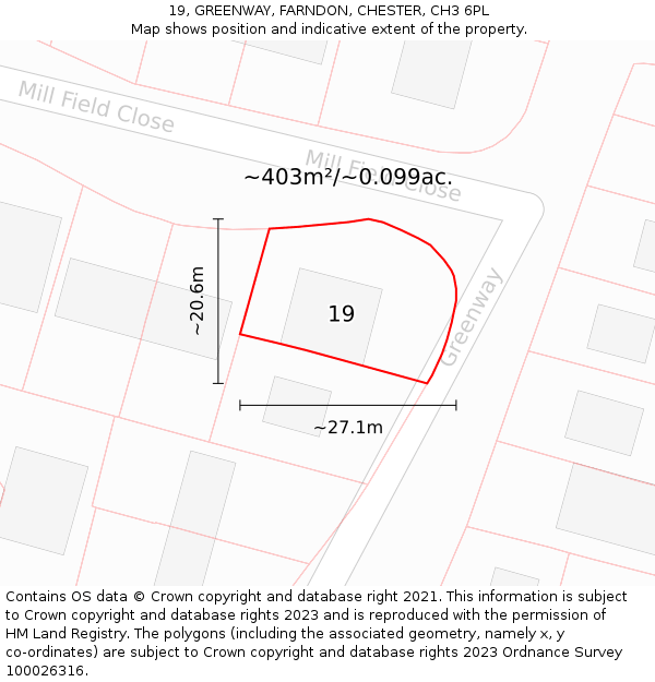 19, GREENWAY, FARNDON, CHESTER, CH3 6PL: Plot and title map