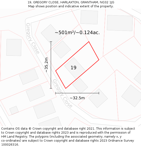 19, GREGORY CLOSE, HARLAXTON, GRANTHAM, NG32 1JG: Plot and title map