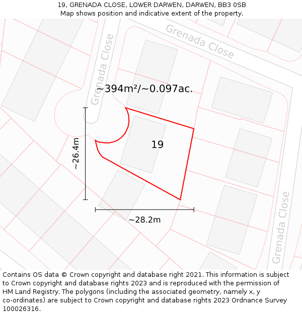 19, GRENADA CLOSE, LOWER DARWEN, DARWEN, BB3 0SB: Plot and title map