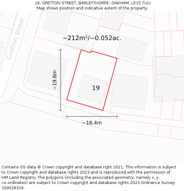 19, GRETTON STREET, BARLEYTHORPE, OAKHAM, LE15 7UU: Plot and title map