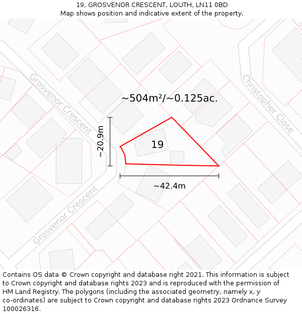 19, GROSVENOR CRESCENT, LOUTH, LN11 0BD: Plot and title map