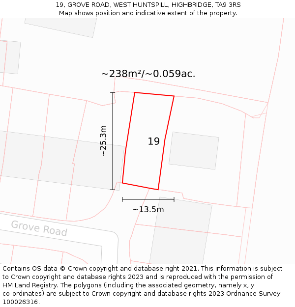 19, GROVE ROAD, WEST HUNTSPILL, HIGHBRIDGE, TA9 3RS: Plot and title map