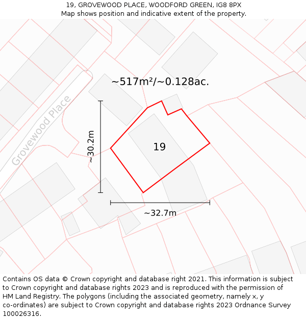 19, GROVEWOOD PLACE, WOODFORD GREEN, IG8 8PX: Plot and title map