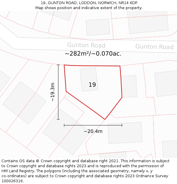 19, GUNTON ROAD, LODDON, NORWICH, NR14 6DP: Plot and title map