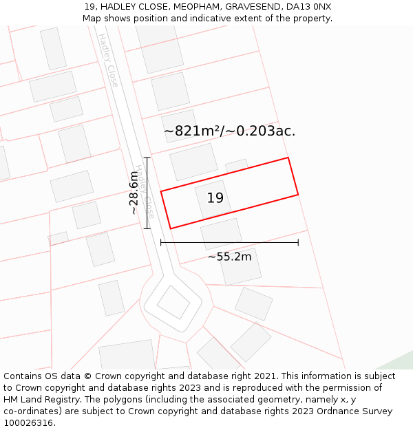 19, HADLEY CLOSE, MEOPHAM, GRAVESEND, DA13 0NX: Plot and title map