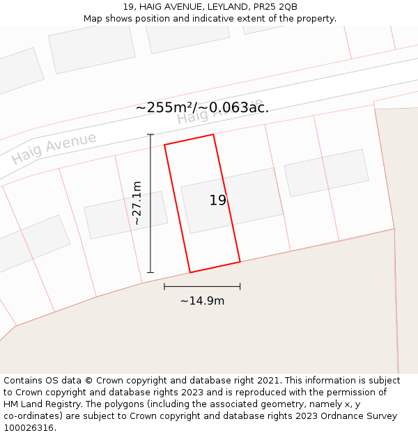 19, HAIG AVENUE, LEYLAND, PR25 2QB: Plot and title map