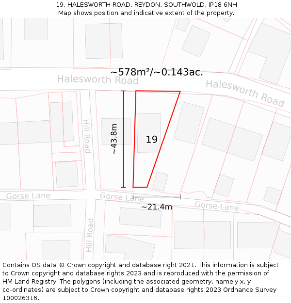 19, HALESWORTH ROAD, REYDON, SOUTHWOLD, IP18 6NH: Plot and title map