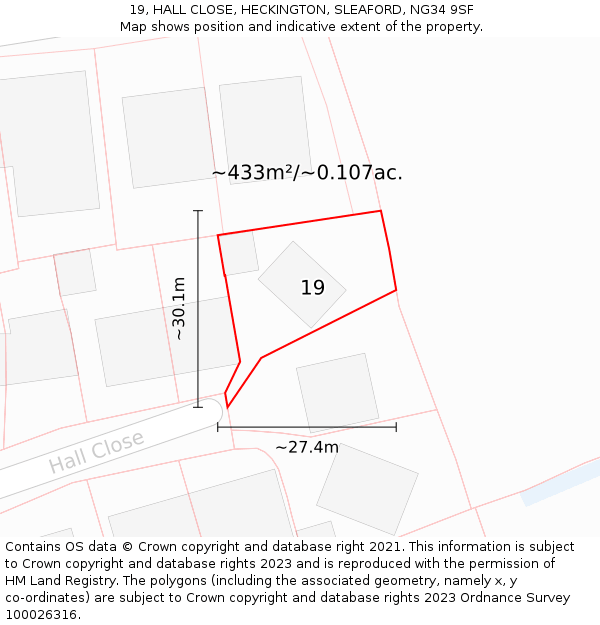 19, HALL CLOSE, HECKINGTON, SLEAFORD, NG34 9SF: Plot and title map