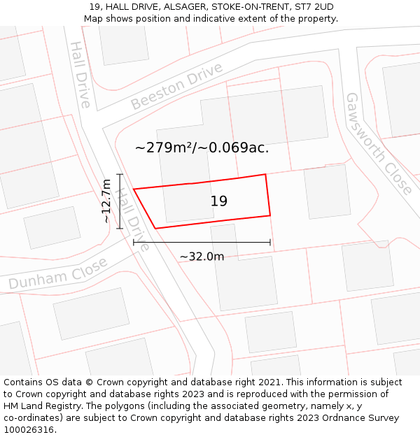 19, HALL DRIVE, ALSAGER, STOKE-ON-TRENT, ST7 2UD: Plot and title map