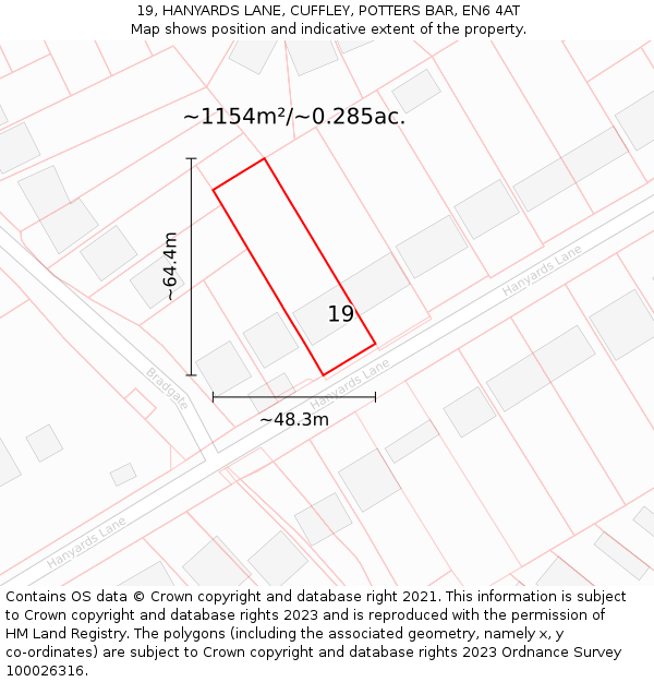 19, HANYARDS LANE, CUFFLEY, POTTERS BAR, EN6 4AT: Plot and title map