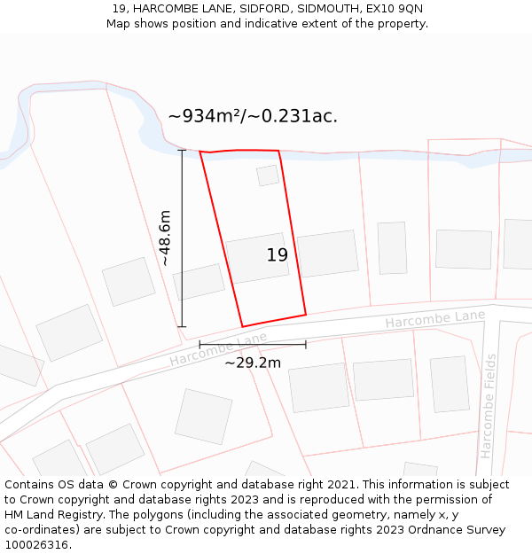 19, HARCOMBE LANE, SIDFORD, SIDMOUTH, EX10 9QN: Plot and title map