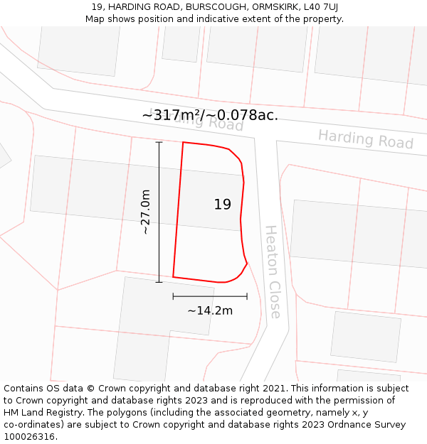 19, HARDING ROAD, BURSCOUGH, ORMSKIRK, L40 7UJ: Plot and title map