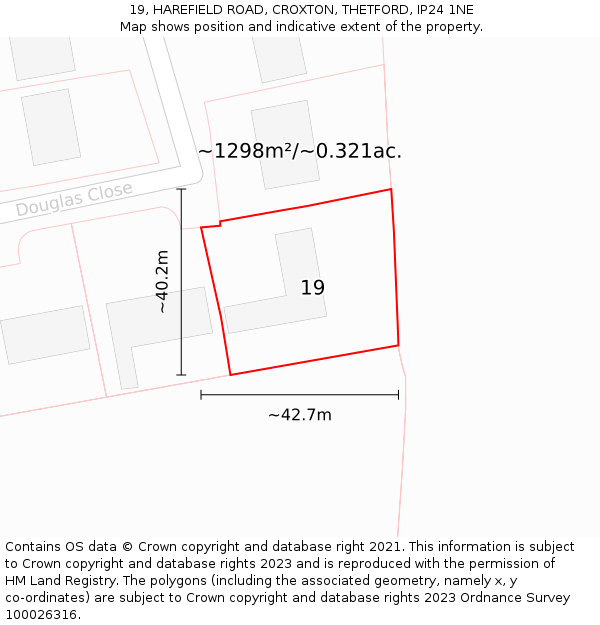 19, HAREFIELD ROAD, CROXTON, THETFORD, IP24 1NE: Plot and title map