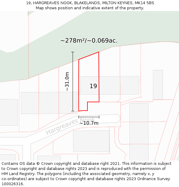 19, HARGREAVES NOOK, BLAKELANDS, MILTON KEYNES, MK14 5BS: Plot and title map