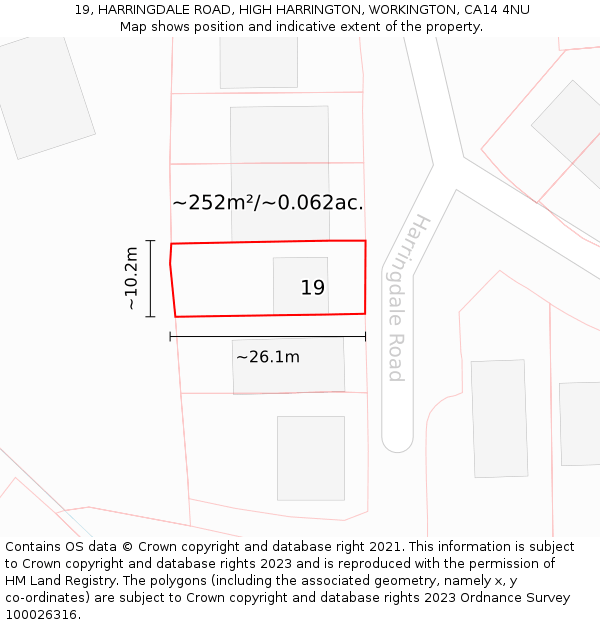 19, HARRINGDALE ROAD, HIGH HARRINGTON, WORKINGTON, CA14 4NU: Plot and title map