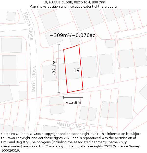 19, HARRIS CLOSE, REDDITCH, B98 7PP: Plot and title map