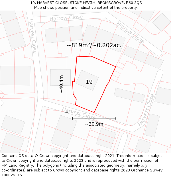 19, HARVEST CLOSE, STOKE HEATH, BROMSGROVE, B60 3QS: Plot and title map