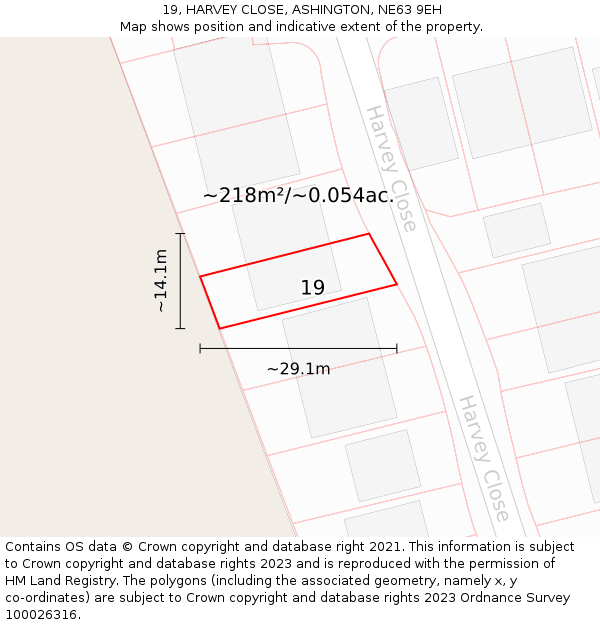 19, HARVEY CLOSE, ASHINGTON, NE63 9EH: Plot and title map