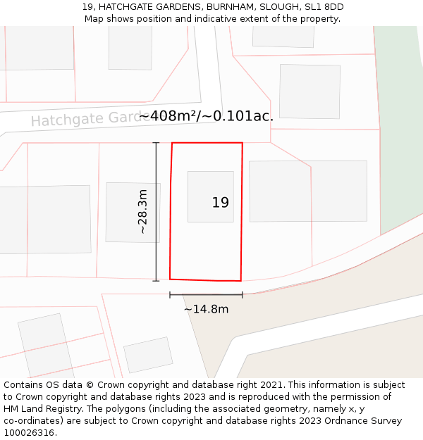 19, HATCHGATE GARDENS, BURNHAM, SLOUGH, SL1 8DD: Plot and title map