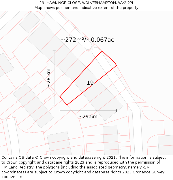 19, HAWKINGE CLOSE, WOLVERHAMPTON, WV2 2PL: Plot and title map