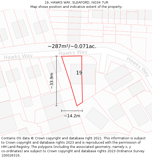 19, HAWKS WAY, SLEAFORD, NG34 7UR: Plot and title map
