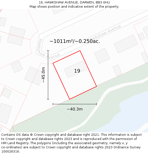 19, HAWKSHAW AVENUE, DARWEN, BB3 0HU: Plot and title map