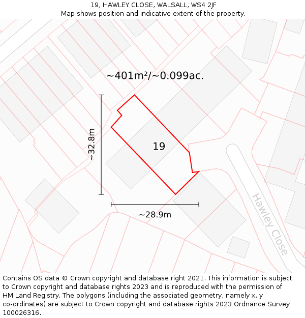 19, HAWLEY CLOSE, WALSALL, WS4 2JF: Plot and title map