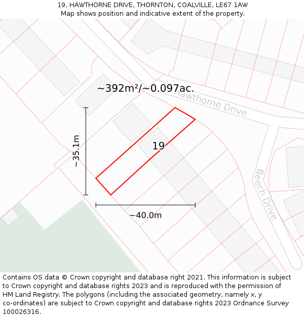 19, HAWTHORNE DRIVE, THORNTON, COALVILLE, LE67 1AW: Plot and title map