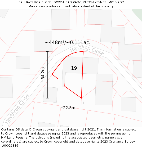 19, HAYTHROP CLOSE, DOWNHEAD PARK, MILTON KEYNES, MK15 9DD: Plot and title map