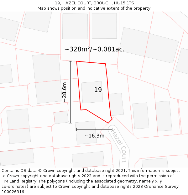19, HAZEL COURT, BROUGH, HU15 1TS: Plot and title map